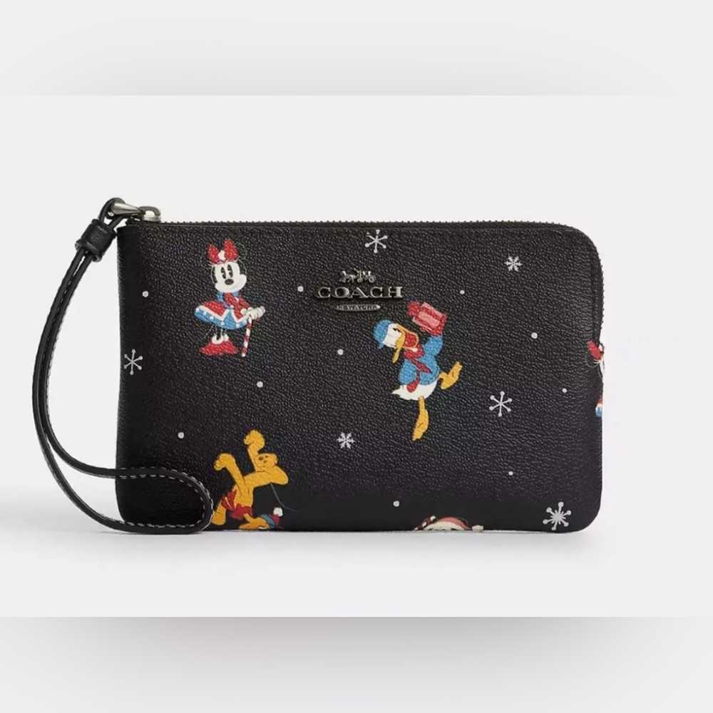 NWT Disney X Coach Corner Zip Wristlet With Holiday Print